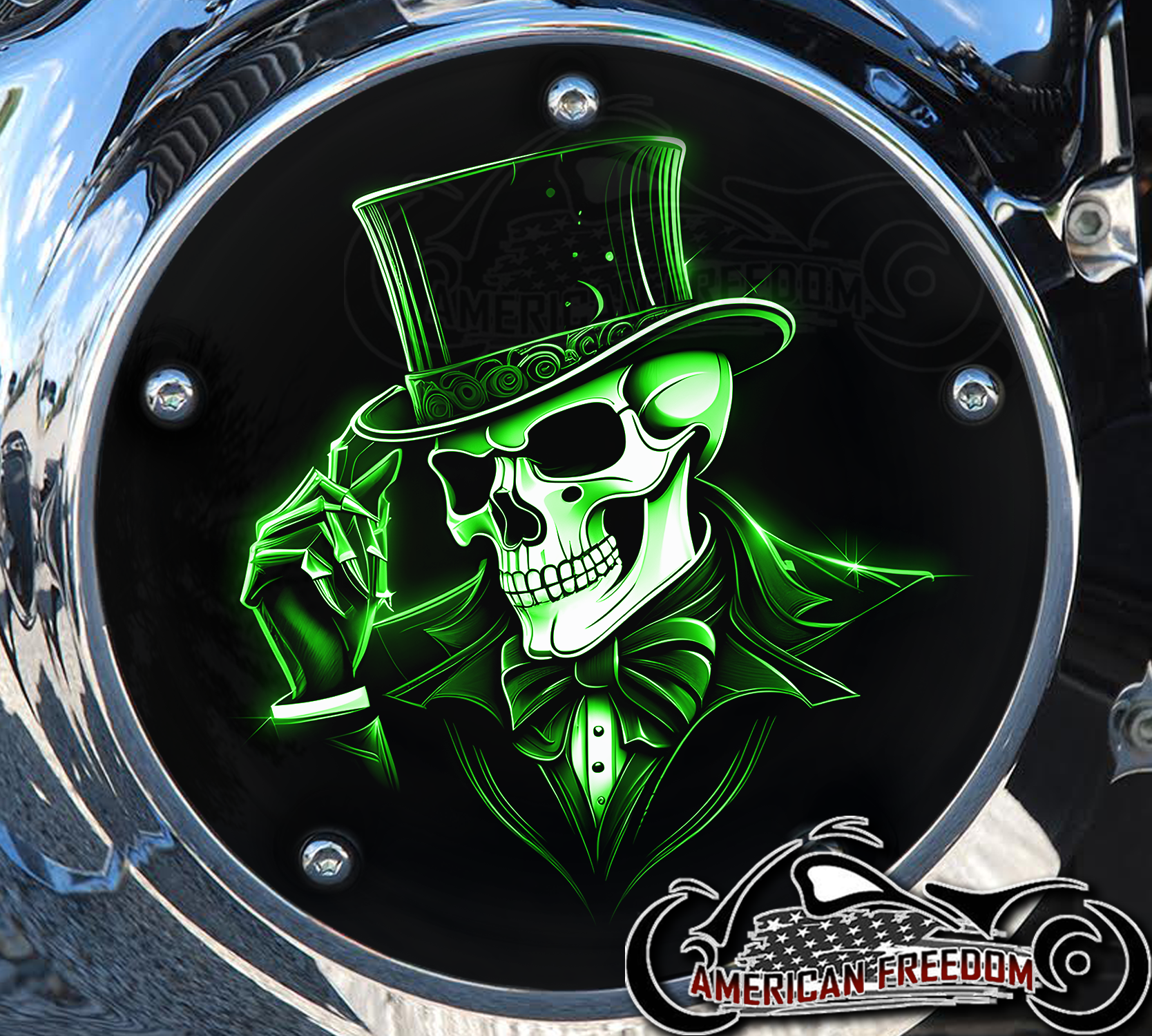 Custom Derby Cover - Top Hat Skull (Green)